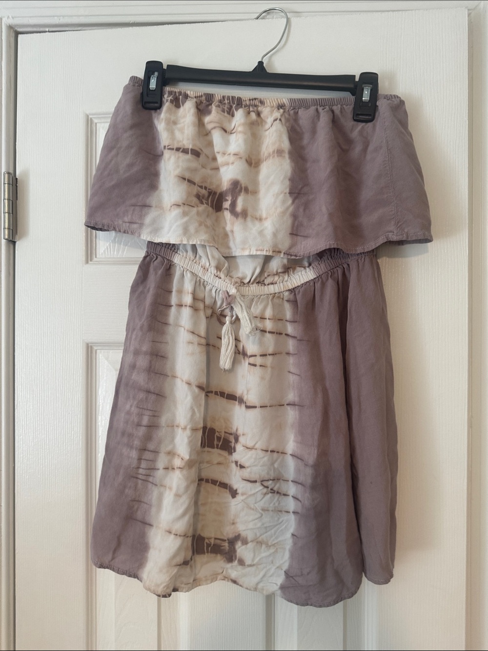 Ocean Drive Strapless Mini Dress in Taupe and Cream Tie-Dye